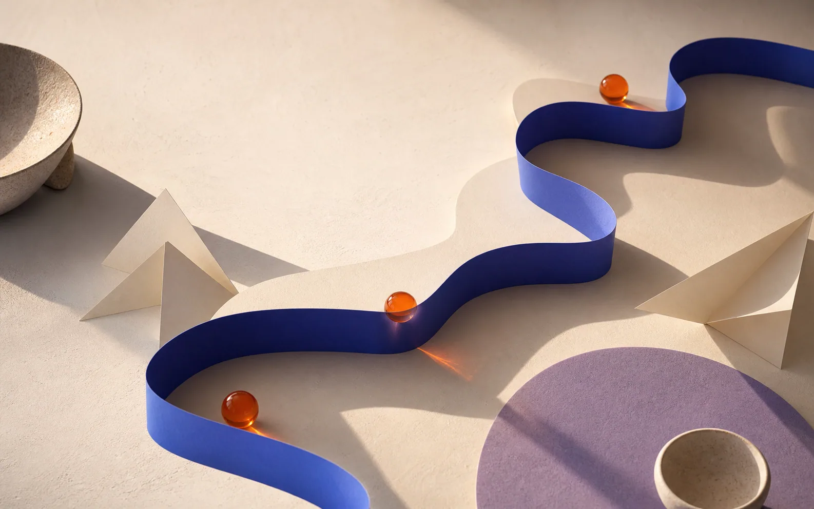 A tactile cobalt route through a warm studio surface